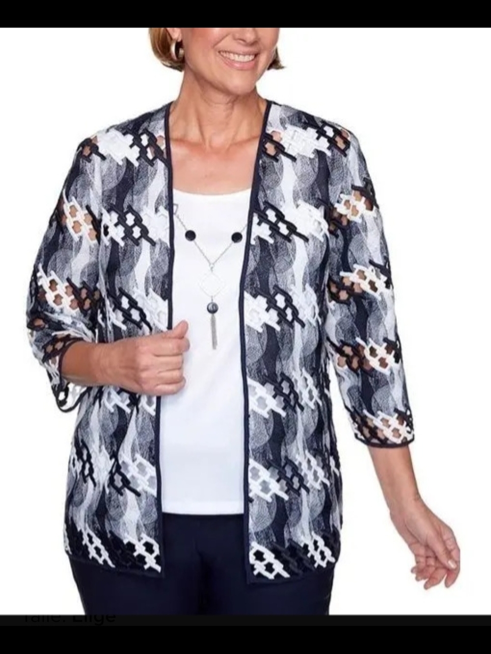 Alfred Dunner Navy & White Lace Openwork Jacket
